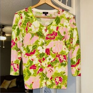 Talbots Women’s Petite Size MP Pink and Green Floral Button Up Sweater